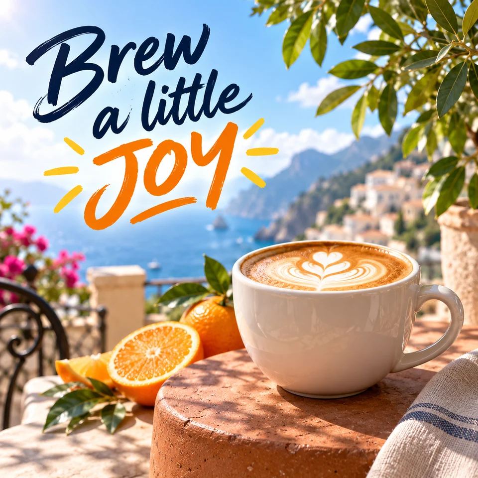Creative coffee poster with a cappuccino on a sunny coastal terrace and the lettering Brew a little JOY