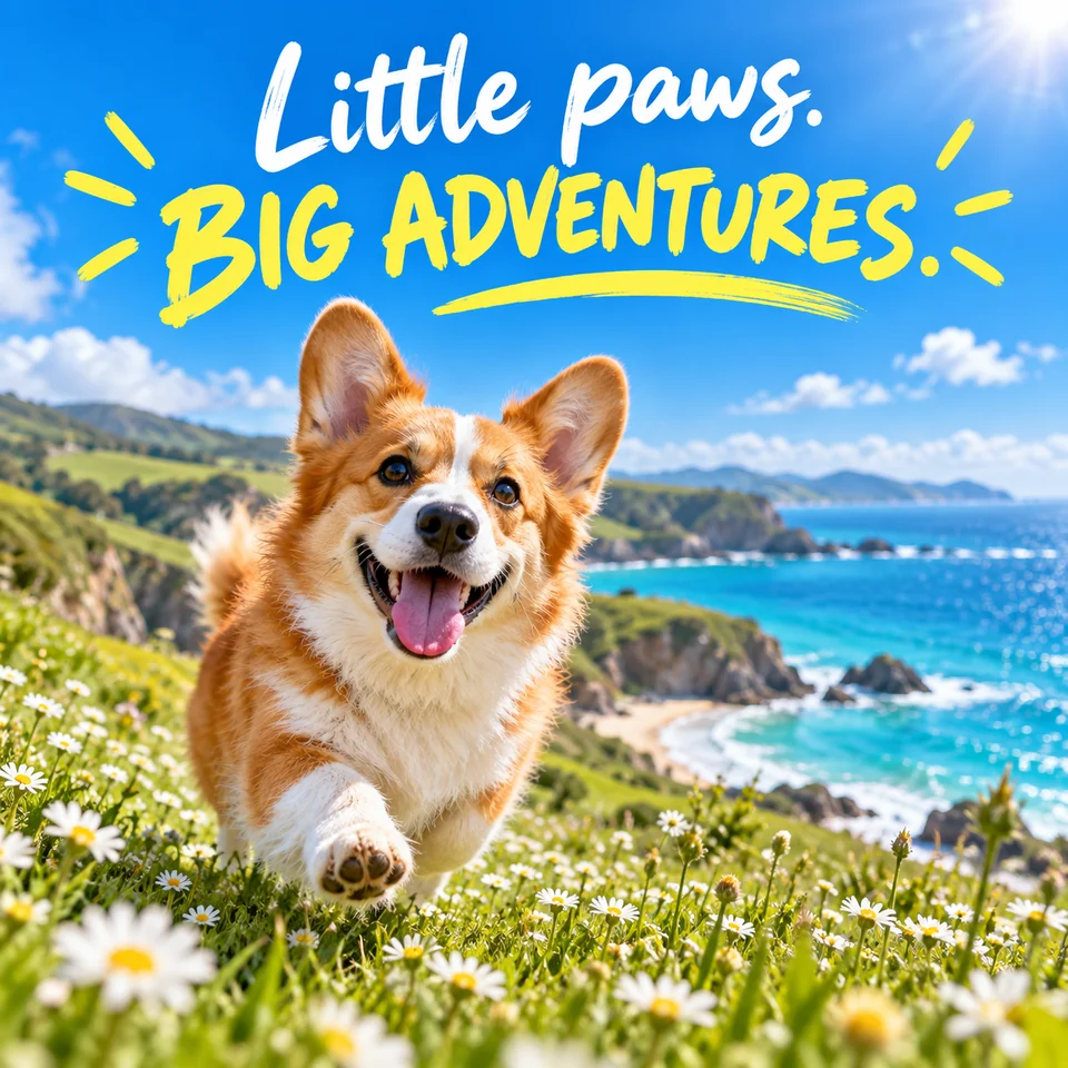 A happy corgi in a coastal daisy meadow beneath the creative headline Little paws. BIG ADVENTURES.