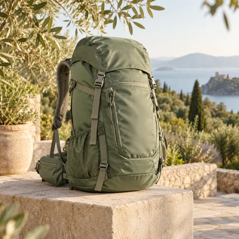 Sage green backpack on sandstone with olive branches and a sunlit coastal garden
