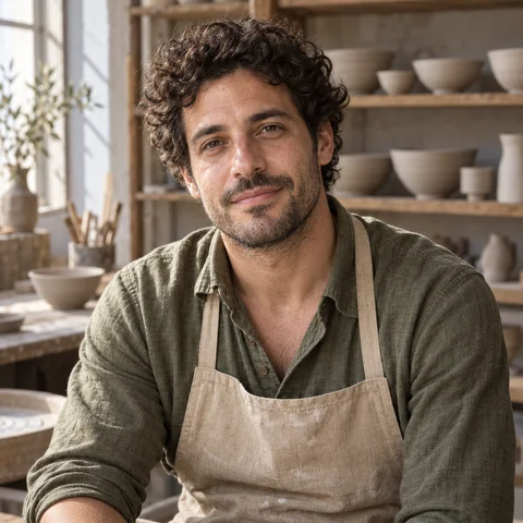 Male ceramic artist in an olive shirt and sand apron under soft studio window light