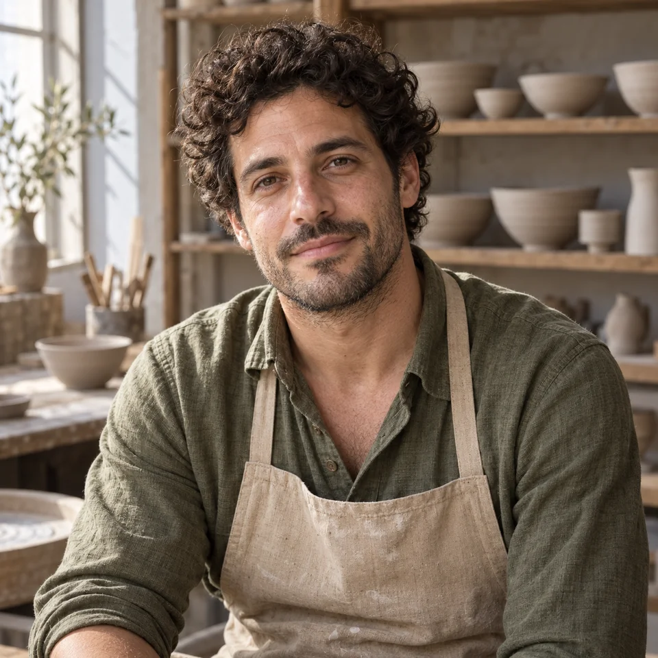 Male ceramic artist in an olive shirt and sand apron under soft studio window light
