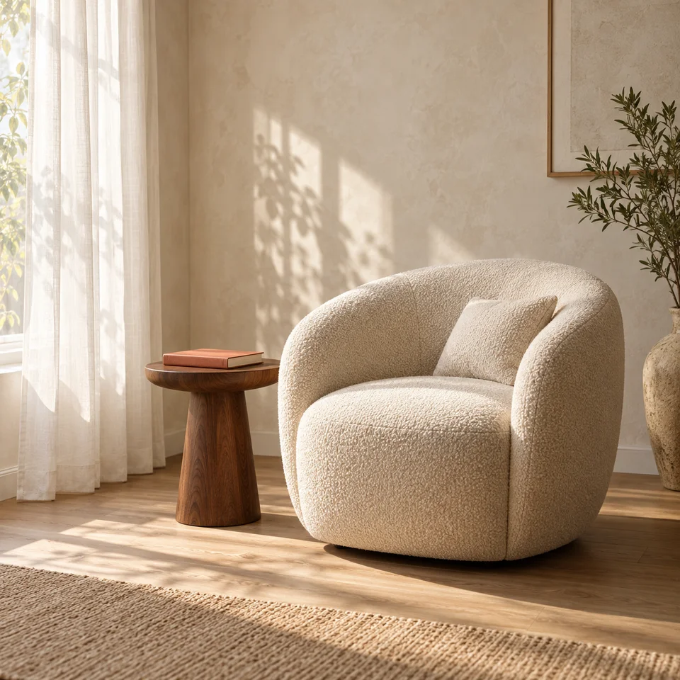 Cream boucle chair and walnut table in an uncluttered sunlit reading corner
