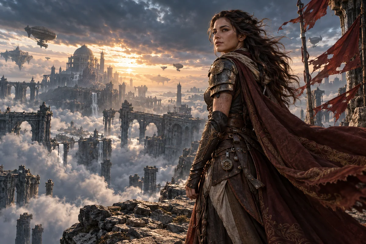 Armored explorer overlooking a ruined sky city with airships and sunset clouds