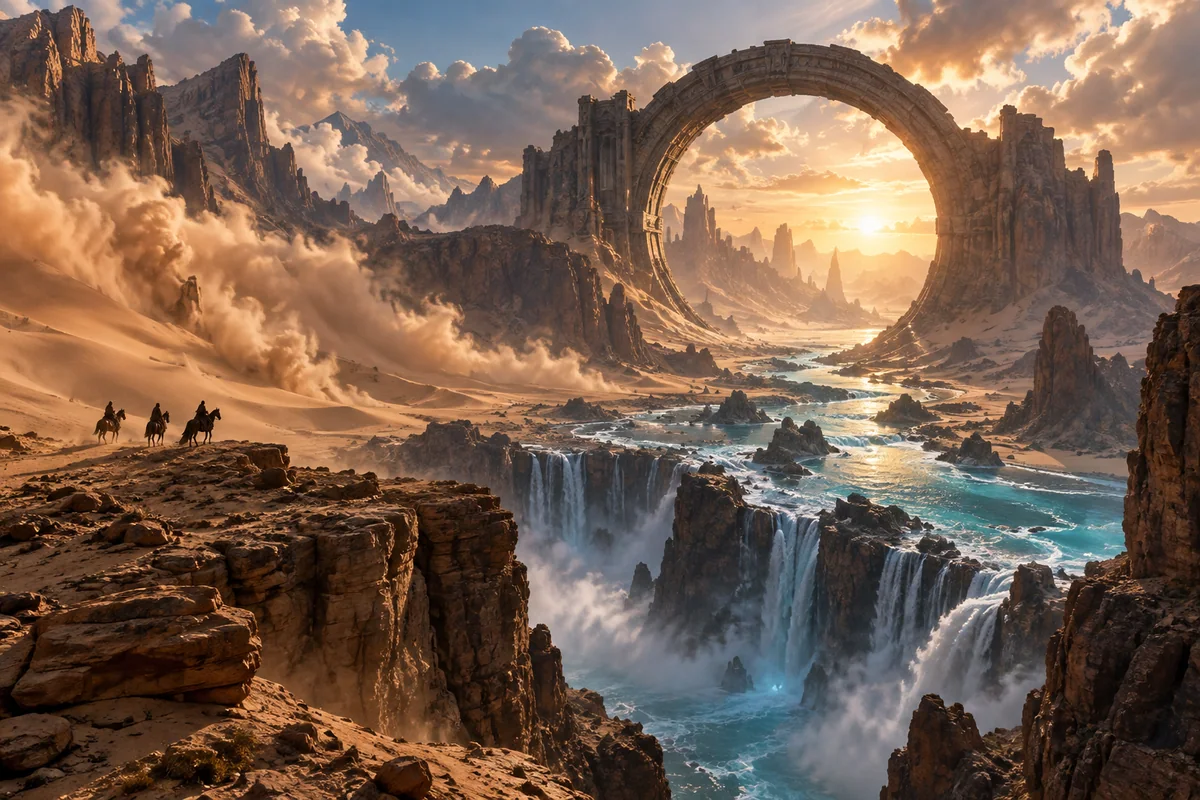 Monumental ring-shaped stone gateway above a luminous river and desert canyon at sunset