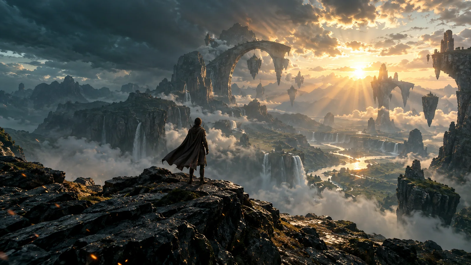 Epic cinematic valley with floating stone arches, waterfalls, storm clouds, and a lone traveler at sunrise